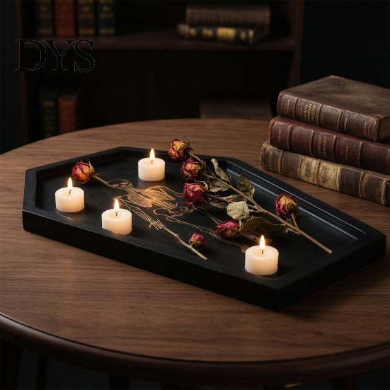 Gothic Storage Tray Halloween Serving with Engraved Skeleton, Wooden Charcuterie Board, Casket Black Vanity Organizer Shape Platter for Party, Spooky