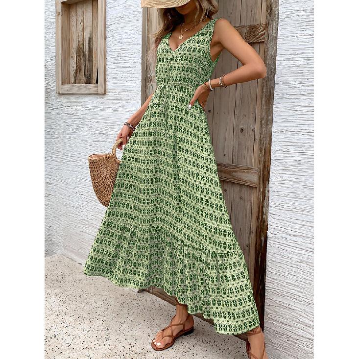 New Fashion Printed Daily Versatile Women'S Summer Loose And Casual Solid Color Cotton And Hemp Long Dress