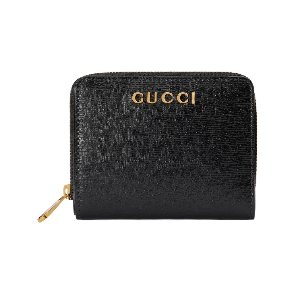 Gucci Logo Black Textured Leather Zip Around Wallet For Women Daily Use