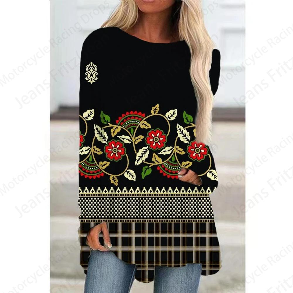 Футболки с европейским узором и 3D-принтом, женская модная футболка, туника с длинным рукавом, повседневные длинные топы, футболка с цветочным принтом, женская одежда y2K