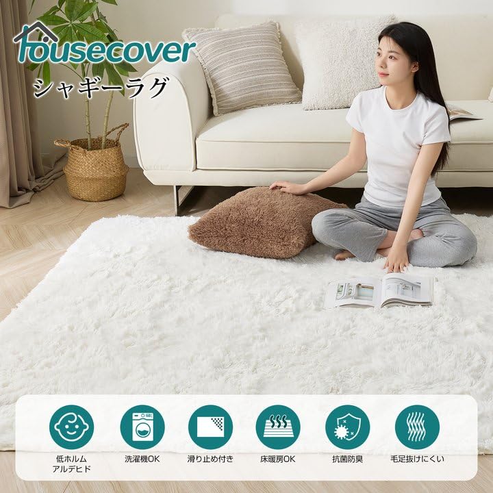 Housecover Shag Rectangular Dust Mite Odor Comfortable for All Compatible with Underfloor Heating and Hot Soft and Fluffy To the White 01 Rug, Carpet,