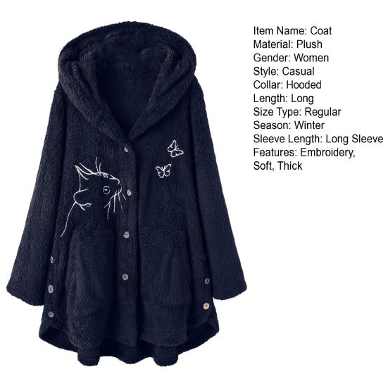 Women Winter Coat Thick Warm Thermal Long Sleeves Buttons Plush Butterflies Cozy Cat Pattern Winter Hoodie Coat for Outdoor