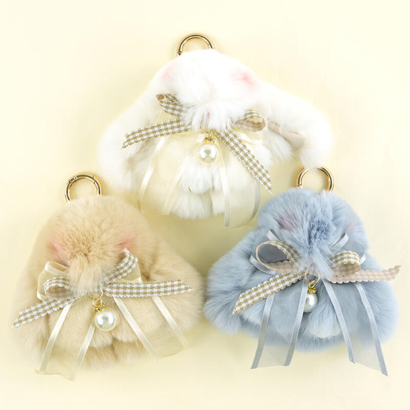 Pearl Ribbon Rabbit Fur Keychain