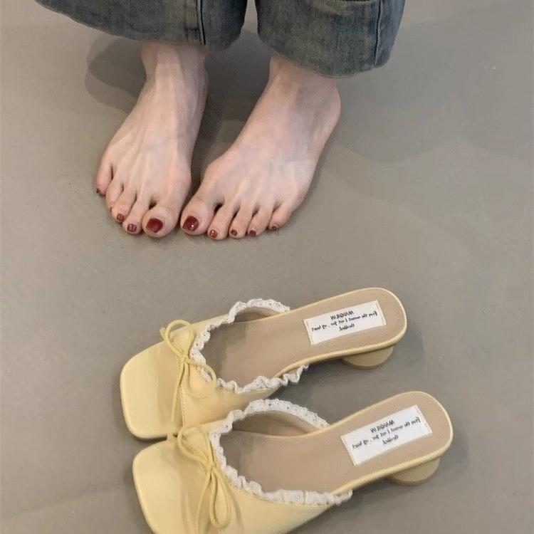 2025 New Summer Women Square Toe Slippers Fashion Lace Dress Slide Shoes Ladies Concise Outdoor Beach Vacation Sandalias