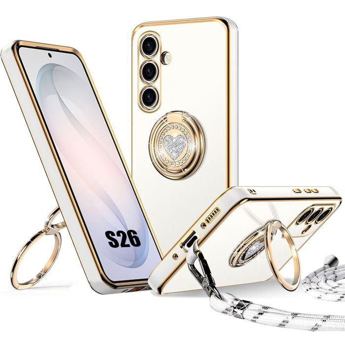 Coque Silicone - BOOLING - pour Samsung Galaxy S26 - avec Anneau Rotatif et Cordon - Blanc