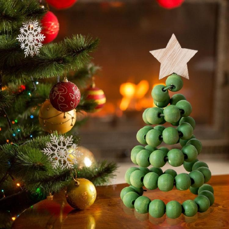 Miniature Christmas Tree Figurine Wood Beaded Festival Tree for Dining Table Living Room Office Desk Holiday Decoration