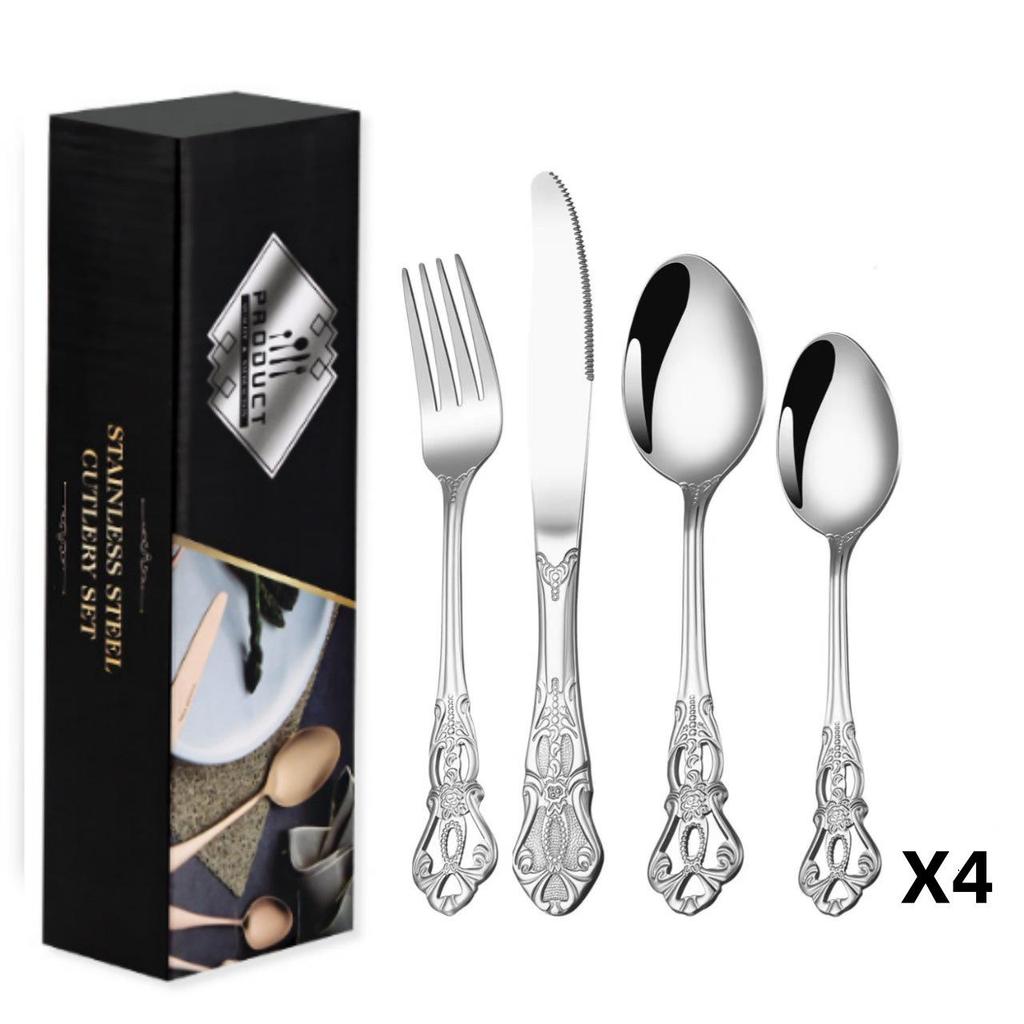 Набор столовых приборов Royal Court из 24 предметов из нержавеющей стали - Тисненые полые ножи для стейка, вилки и ложки