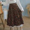 New Japanese Mori Girl Women Midi Skirt High Waist Navy Blue Brown Floral Skirt With Lace Ruffles Vintage Elegant Corduroy Skirt