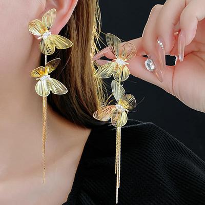 Exaggerated Crystal Butterfly Long Tassel Earrings for Women Luxury Gold Color Metal Hollow Personality Drop Earrings Zircon