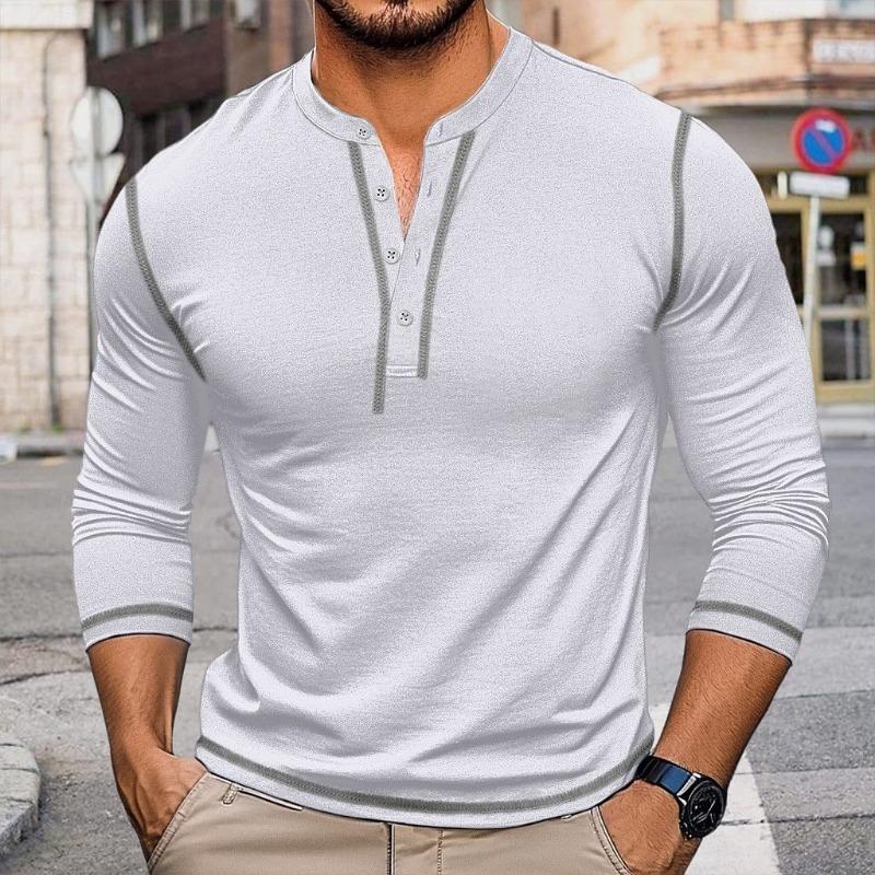 Мужская винтажная футболка-henley с длинным рукавом, блоками цвета и круглым вырезом, повседневный топ