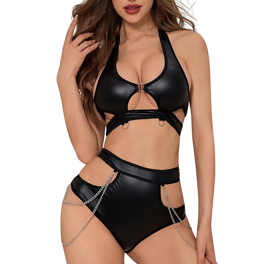 Metal Chain Buckle  Leather Neck Hanging Two-piece Set Of Fun Lingerie Set