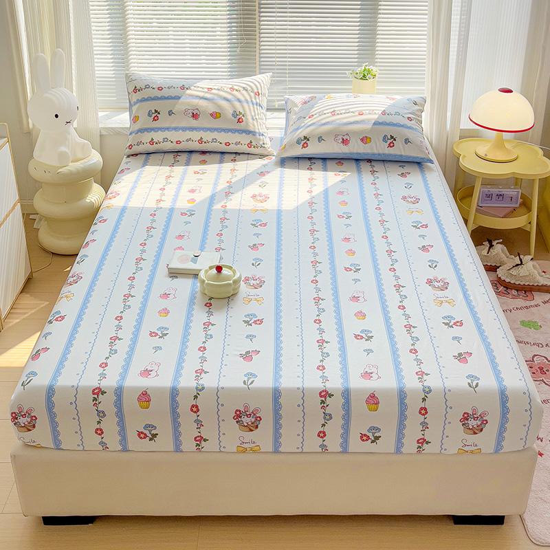 White Flower Print 100% Cotton Fitted Sheet Set Deep Pocket Elastic Mattress Cover with Pillowcases Soft Breathable Bedding Set