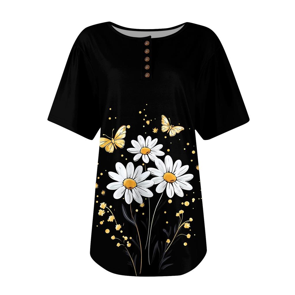 Женский модный повседневный короткий рукав пуловер с принтом на пуговицах и круглым вырезом