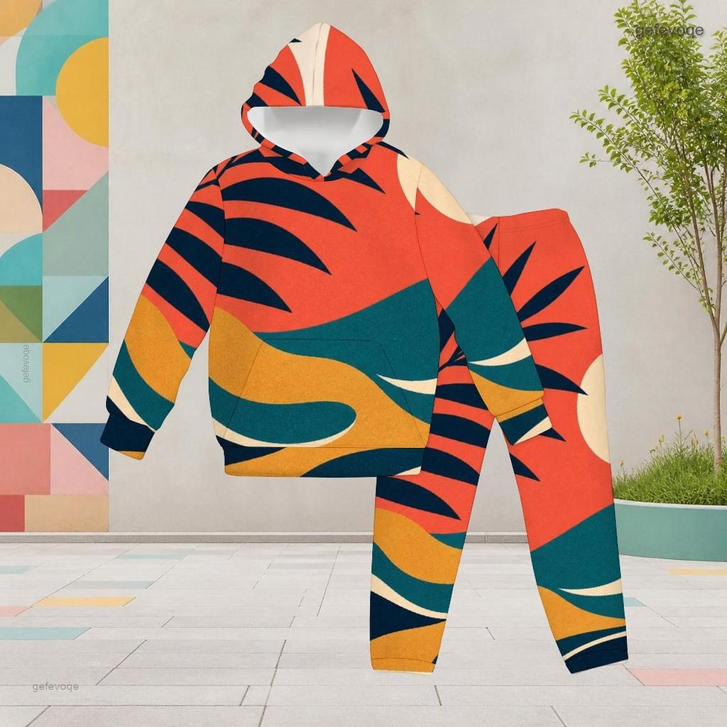 Girls Hooded Long Sleeve Printed Gradient Two Piece Set Kangaroo Pocket Cuffed Pants Outfit