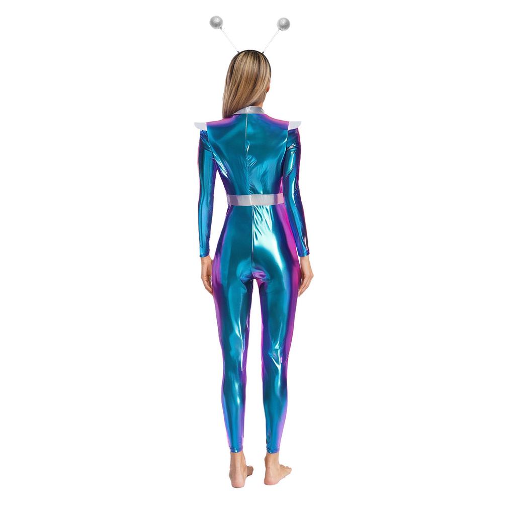 Womens Alien Robot Astronaut Cosplay Costume Metallic Shiny Full Body Unitard Long Sleeve Jumpsuit