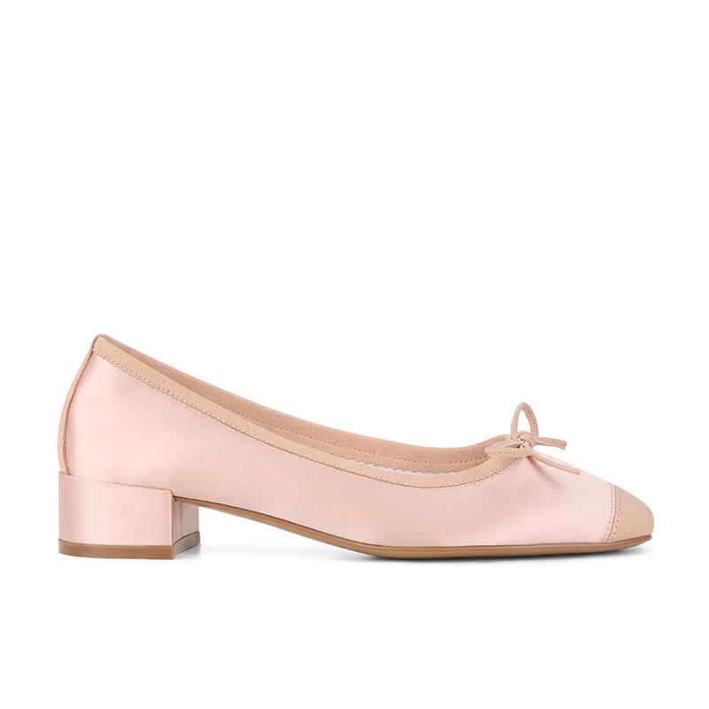 [] Two Heights~ Lambskin Square Head Bow Thick Heel Ballet Shoes Women's Single Shoes