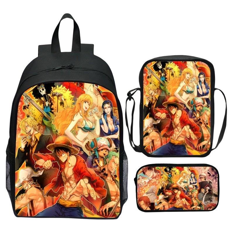 One Piece Printed 3-Piece Backpack Set Cartoon Pirate Navy Elementary School Bag Large Capacity Water-Resistant Kids Backpack