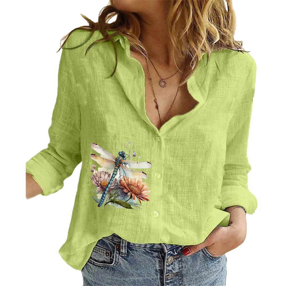 Женская мода Хлопково-льняная рубашка Лето/осень Топ с длинным рукавом Женские блузки с принтом