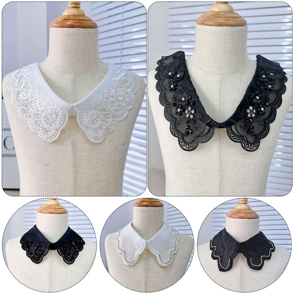 Imitation Pearl Fake Collar Versatile Lace Up Shawl Insignia Women's Lace Collar White Studded Mesh Shirt Collar Accessory Women