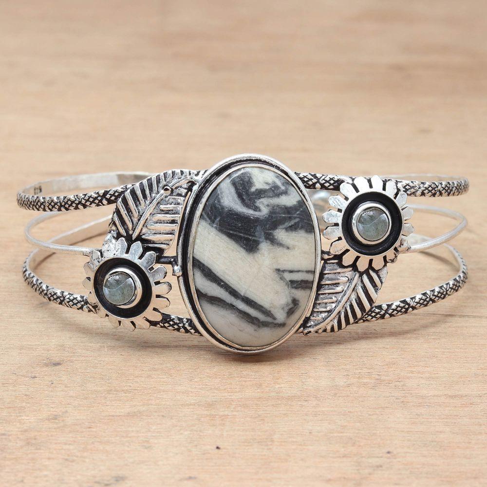 Silverleaf Jasper Gemstone Ethnic Silver Jewelry Cuff Bracelets7''Adjustable