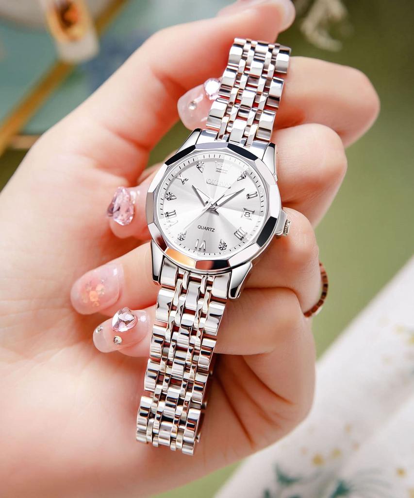 OLEVS Analog Quartz 30M Water Date Silver Stainless Steel Roman White Small Size Women's Watch, Resistant, Display, Band, Numerals, Dial,