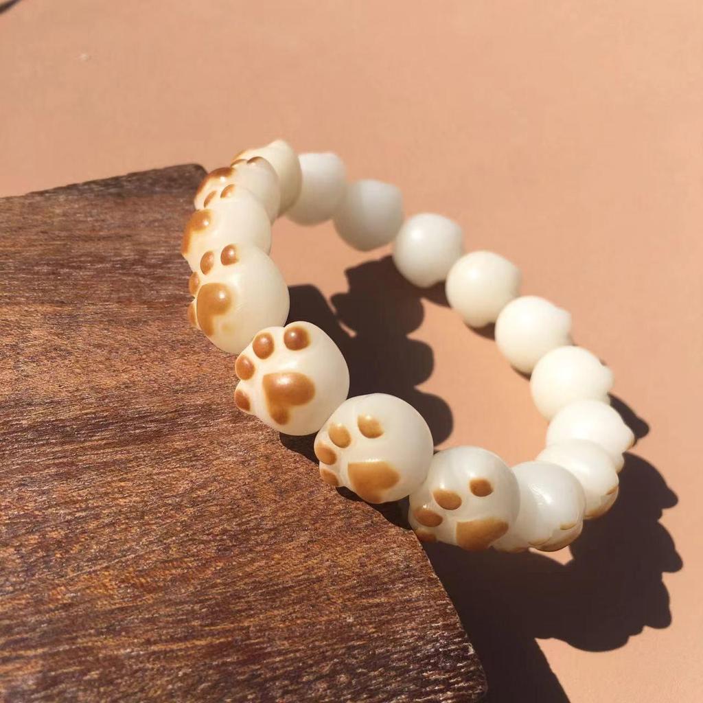 White Jade Bodhi Root Bracelet with Cat Claw Bodhi Seeds and High Polish Buddhist Prayer Beads