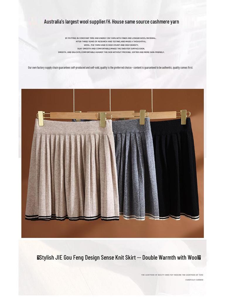 Color-Blocked Pleated Wool Knit Skirt - Elastic Waist, Korean Style, Autumn/Winter Casual Mini Skirt for Women