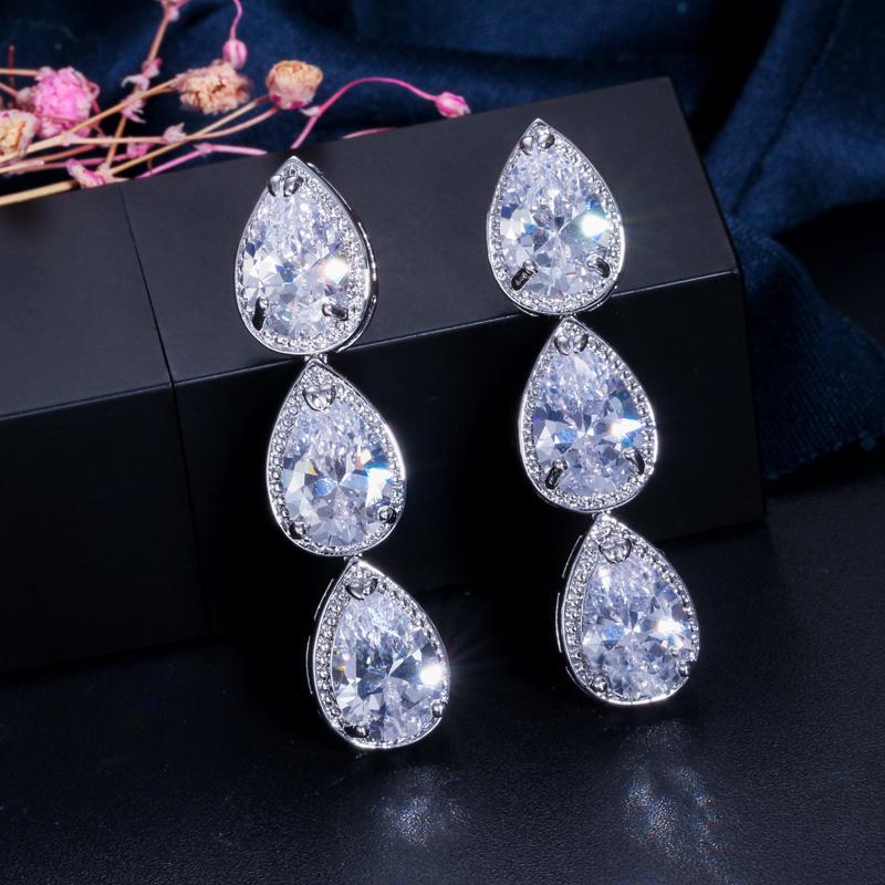 WWJ Top Quality Brilliant Cubic Zircon Long Tear Drop Earrings