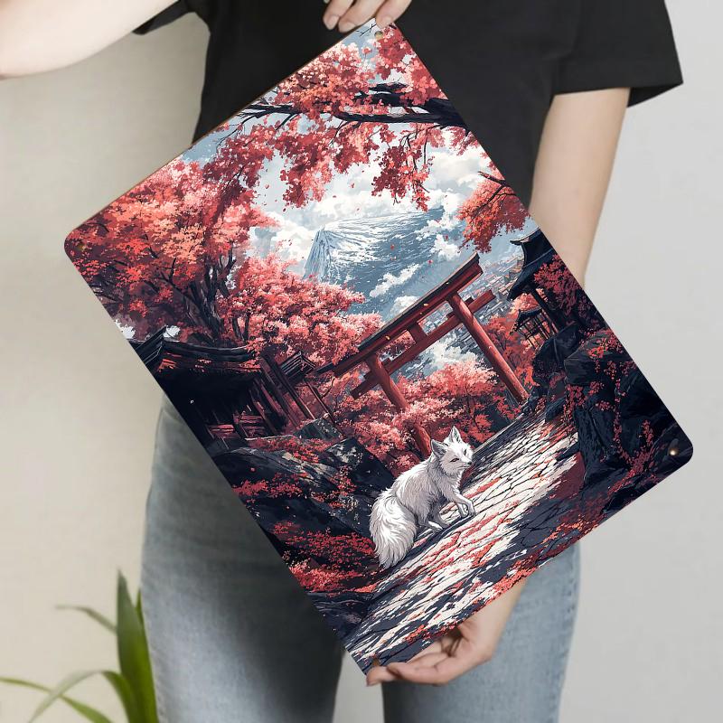 Japanese Fuji Mountain Sakura Fox Shrine Torii Gate Landscape Metal Iron Painting Home Decor Wall Art