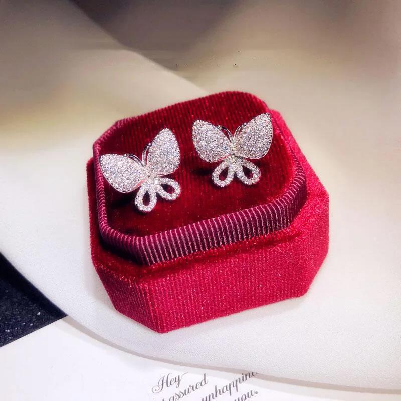 Elegant 925 Sterling Silver Butterfly Micro Inlaid Full CZ Zircon Crystal Stud Earrings for Women Pendientes Oorbellen Brincos