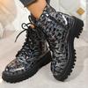 2025 Autumn Winter Fashion Lace Up Round Toe Keep Warm Casual Black Platform Plus Size 35-42 Shoes for Women Mid-calf Boots
