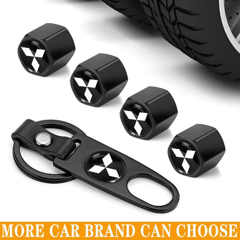 For Mitsubishi Lancer Outlander Pajero ASX Aluminum Car Tire Valve Caps with Car Badge Keyring Keychain Set of Accessories zjcr96