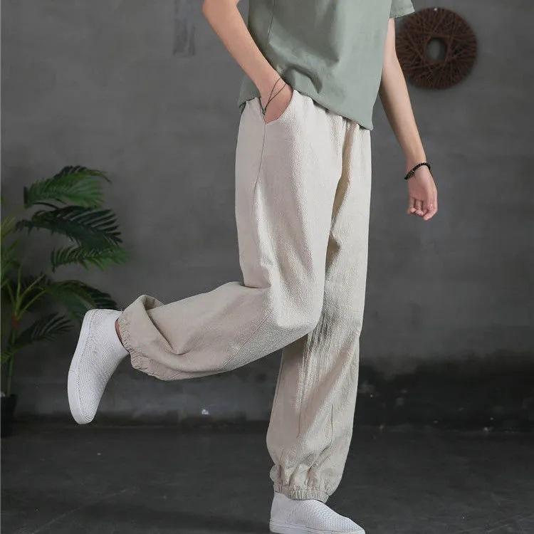 Блумеры из хлопка и льна, повседневные эластичные свободные женские брюки с высокой талией, корейская мода, широкие брюки длиной до щиколотки для женщин
