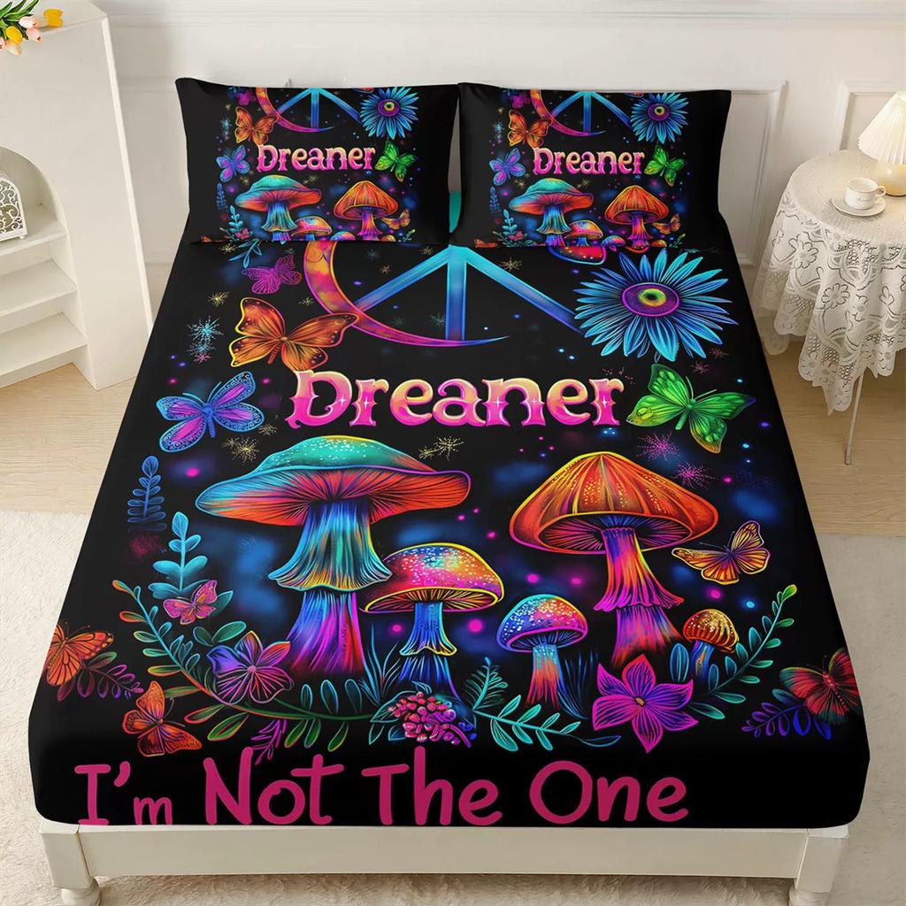 Psychedelic Mushroom Fitted Sheet Set, Psychedelic Bed Cover with Pillowcase, Colorful Bedding Set 2pcs for Kids Girls Adult