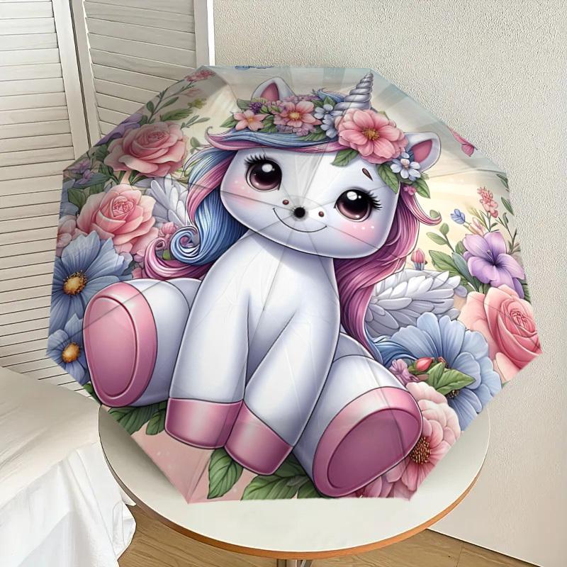 1PC Unicorn Flowers Umbrella-8-Rib Reinforced Portable Folding Travel Suitable for All Seasons Outdoor Daily Use-G389