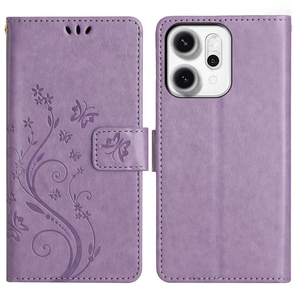 For Oppo Reno14 Pro 5G (Global)/Reno13 Pro 5G Leather Wallet Case Butterfly Flower Imprint Phone Cover with Strap