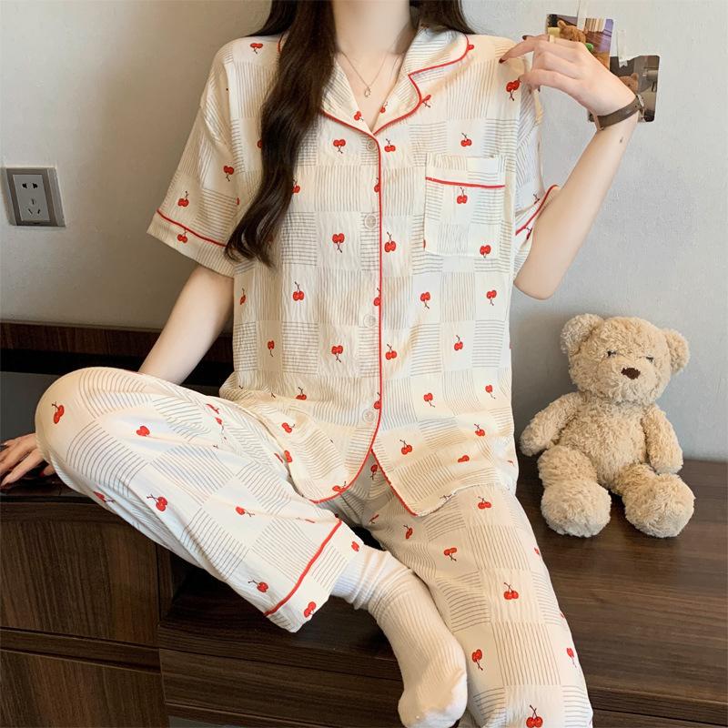 New striped ins style light luxury cloud cotton pajamas women's summer short-sleeved trousers casual loungewear two-piece set