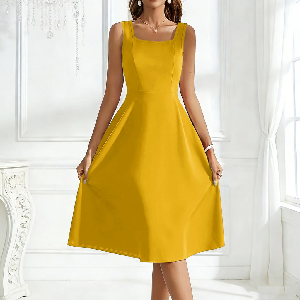 Женское платье А-силуэта без рукавов с квадратным вырезом