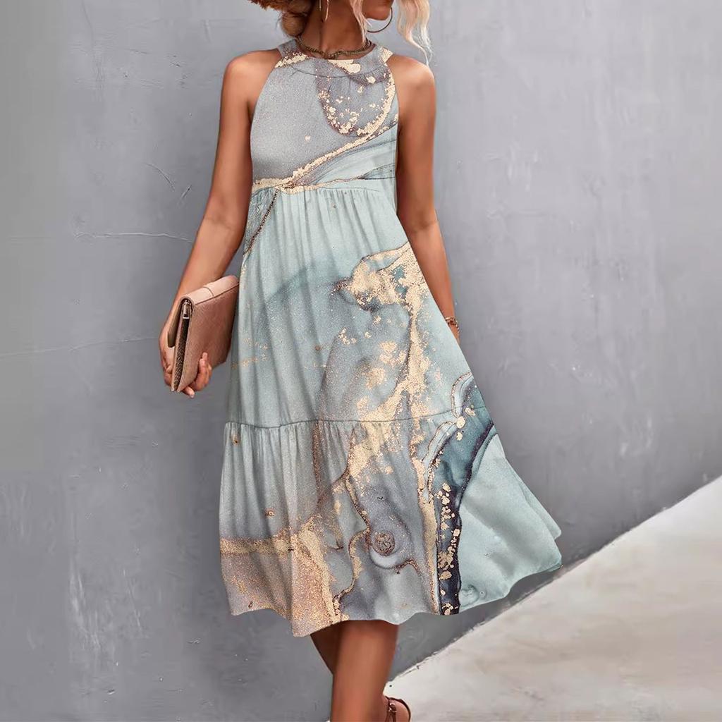 Женские летние свободные повседневные пляжные платья без рукавов с однотонным принтом и висячим вырезом