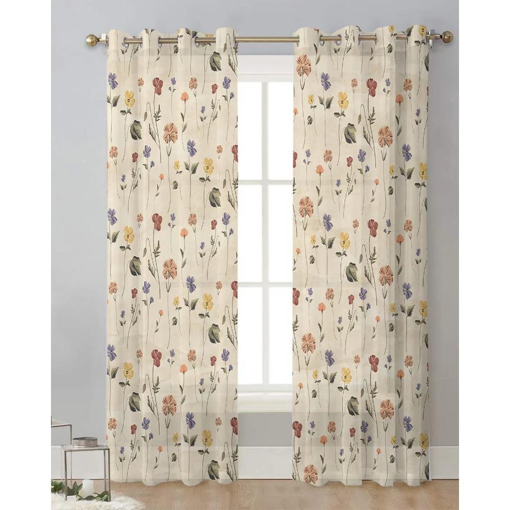 Retro Floral Wildflowers Transparent Curtains for Bed Chamber Living Room Decoration Window Panel Curtain Perfect for Cooking Area Netting Voile