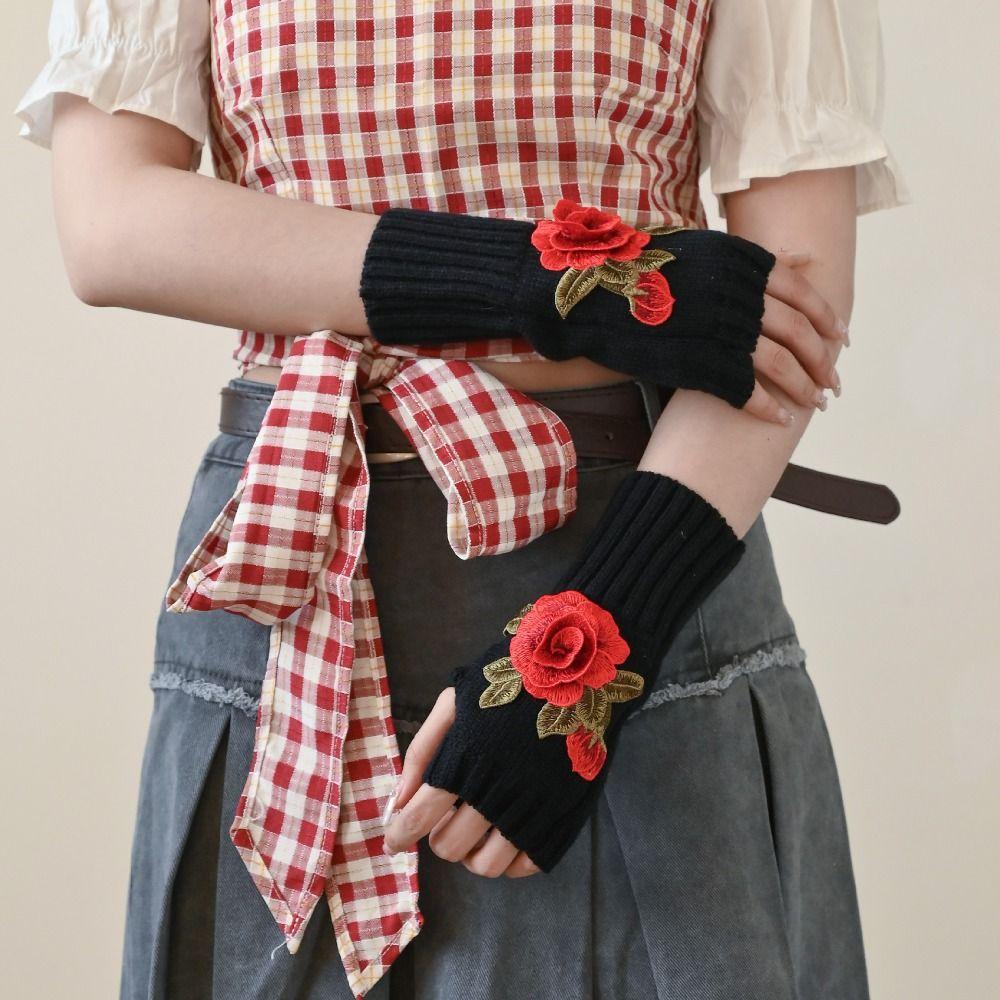 Half Finger Embroidery Knitted Gloves Floral Crochet Flower Mittens Winter Wool Gloves Outdoor