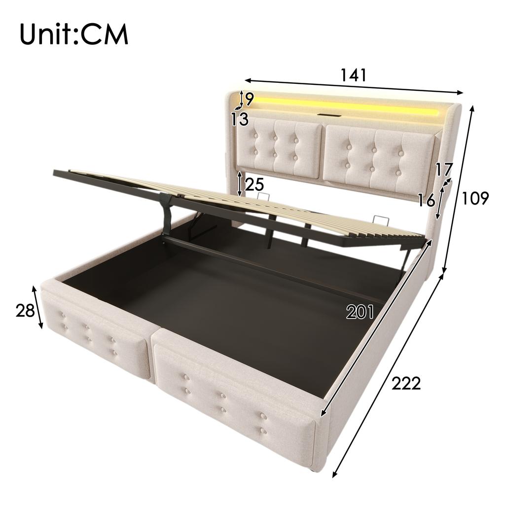 Upholstered Bed 140x200, Double Bed with LED Headboard and USB C Charging, Hydraulic Wooden Slatted Base, 300 kg, Beige, Cotton (Without Mattress)