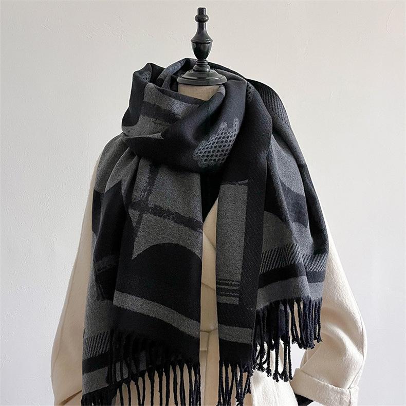 2024 Autumn/Winter New Color Blocked Imitation Cashmere Women'S Tassel Shawl Thickened Warm Double Sided Jacquard Wool Scarf