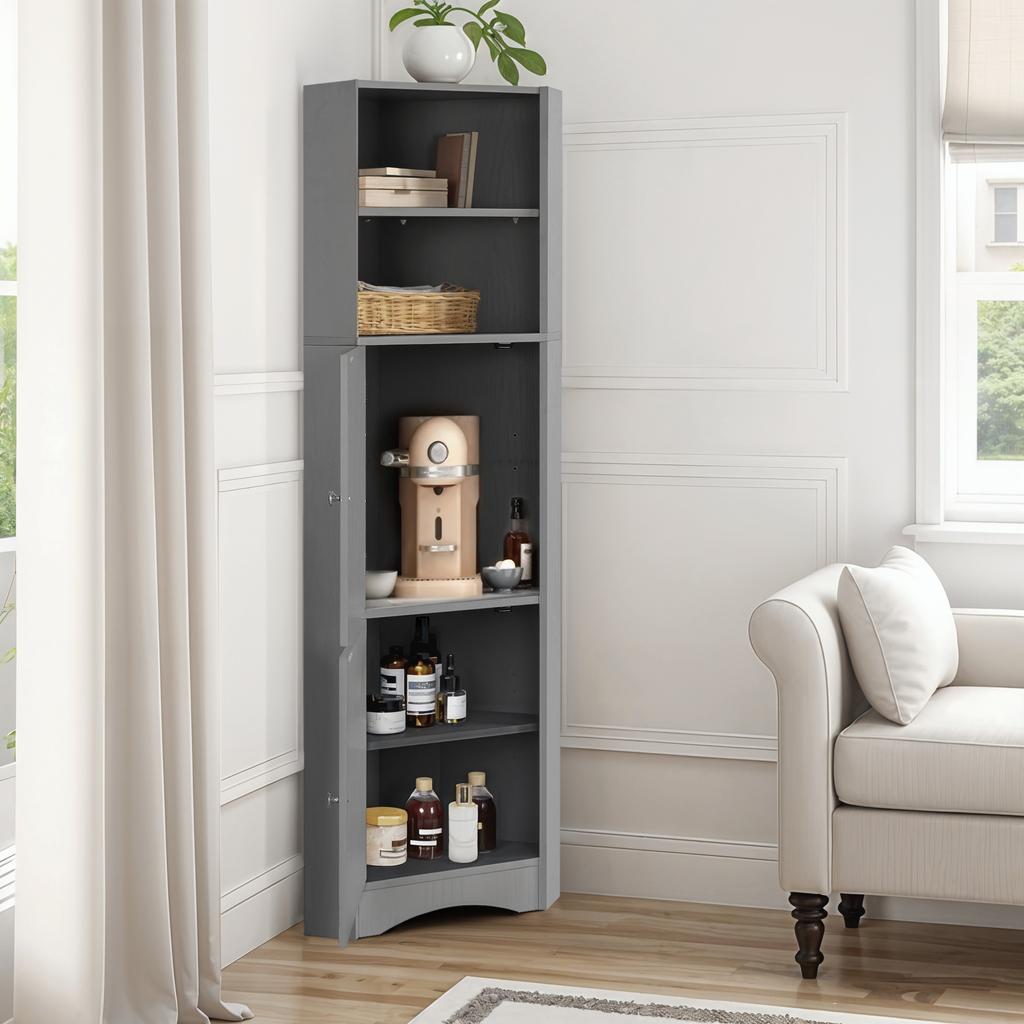Bathroom Cabinet, Corner Cabinet with Two Storage Compartments, Open Compartment with Adjustable Shelf, 36.5x 36.5 x 155 cm, Light Grey