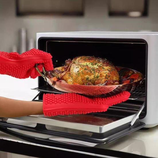 1 Pair Silicone Gloves Heat Resistant Oven Mitts with Quilted Liner Non-Slip Textured Grip Kitchen Gloves for BBQ Baking Cooking