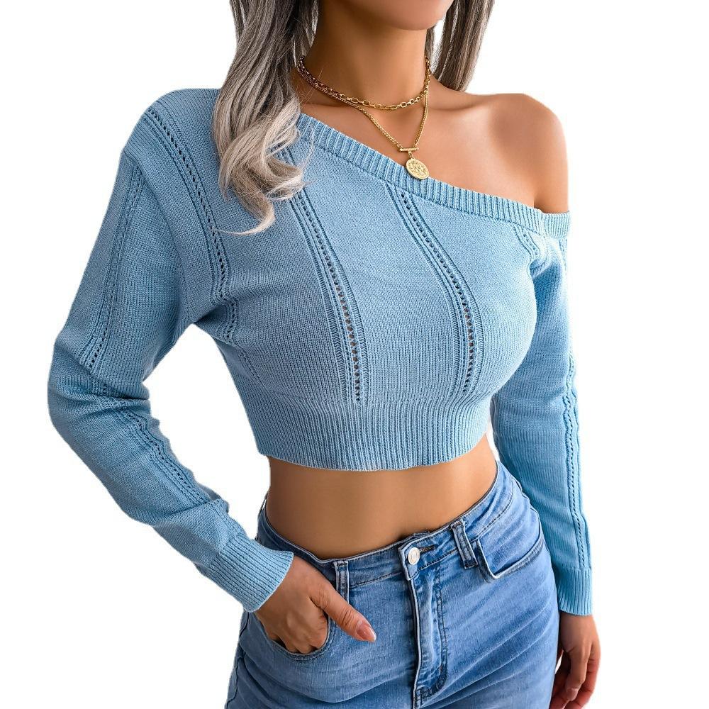 Women's Clothing Autumn and Winter Fashionable Casual Sexy Hollow Out Shoulder Long Sleeved Short Style Exposed Navel Knitted Sweater Wool