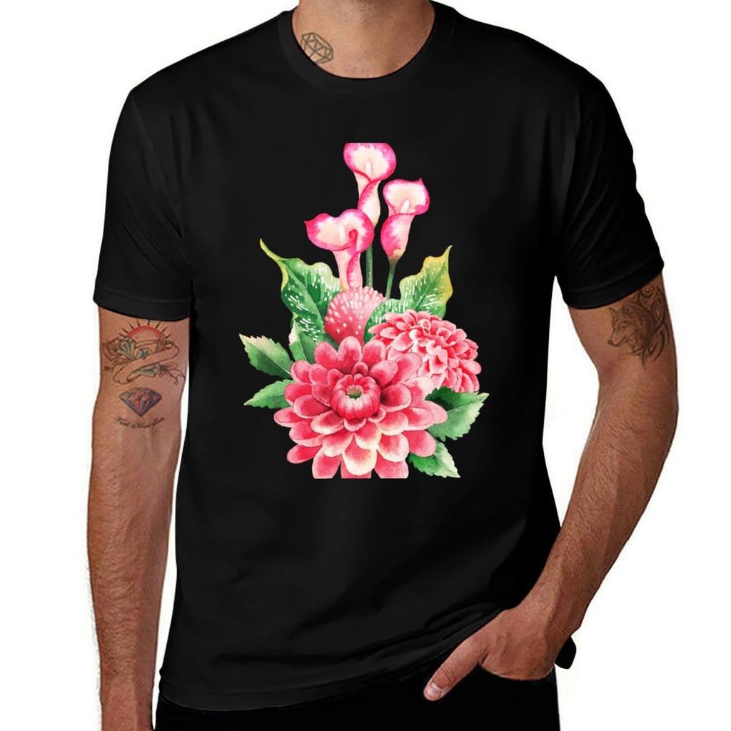 Watercolor bouquet of dahlia and calla lily flowers TShirt Plus Size Street Style Tee