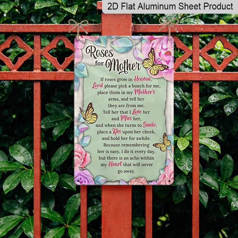 2D Flat, 1pc Memorial Roses Butterfly Metal Wall Art Sign "Roses for Mother" - 8*12 Inch Aluminium Rustic Home Decor, Sympathy Wall Art, Loving