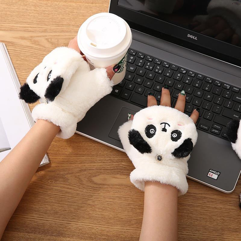 Winter Warm Flip Plush Gloves Student Writing Bare Fingers Cartoon Panda Cycling Warm and Cold Gloves