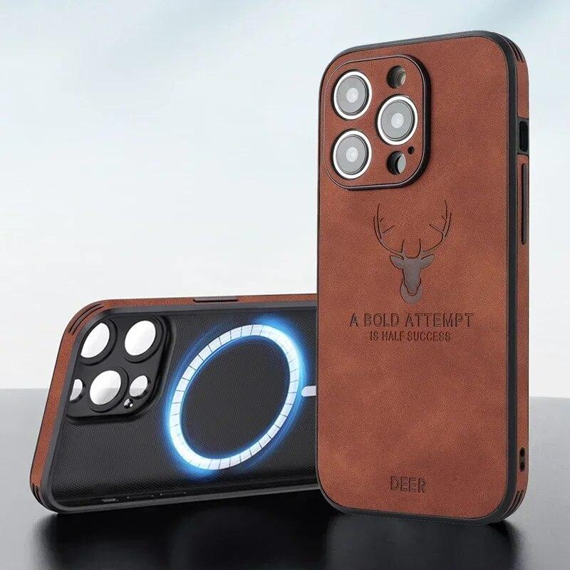 Винтажный кожаный чехол с оленем из овечьей кожи для iPhone 15 14 13 12 11 Pro Max 15Pro 14Pro 13Pro, полное покрытие для Magsafe с беспроводной зарядкой
